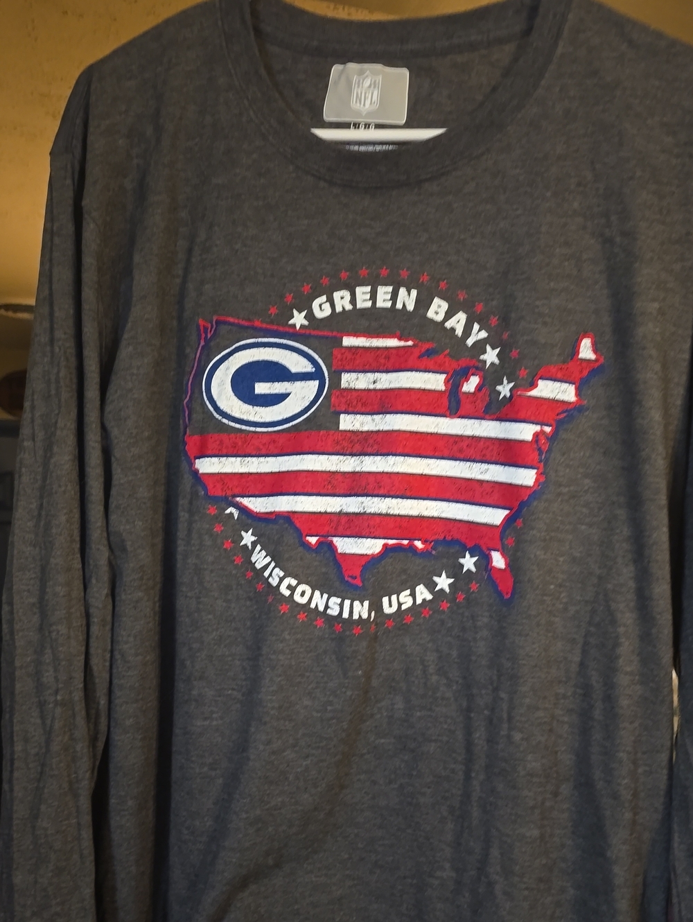 NFL Gray Long Sleeve Tee with Red, White & Blue USA Map and Packers G